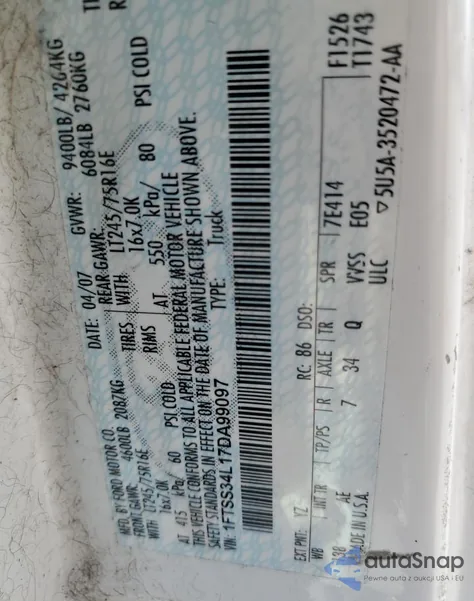 2007 Ford Econoline E350 Super Duty Van from USA, damaged, VIN 1FTSS34L17DA99097